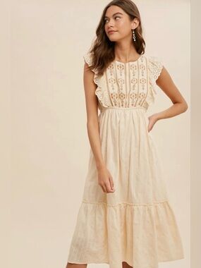 Urban Outfitters  Eyelet Flutter Sleeve Embroidered elastic waistband Boho Dress